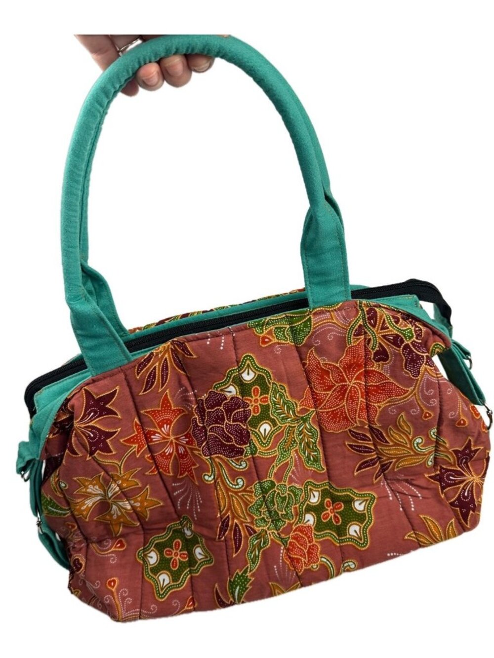Handmade Indonesian Batik Quilted Satchel Tote Bag Floral Print